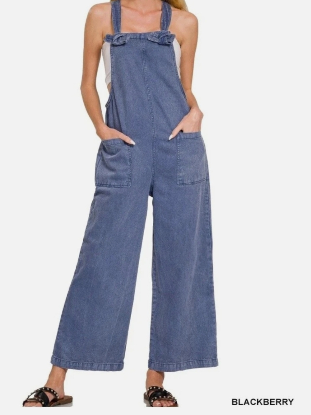 Zenana Washed Knot Strap Pockets Jumpsuit in  "Blackberry" -various Sizes
